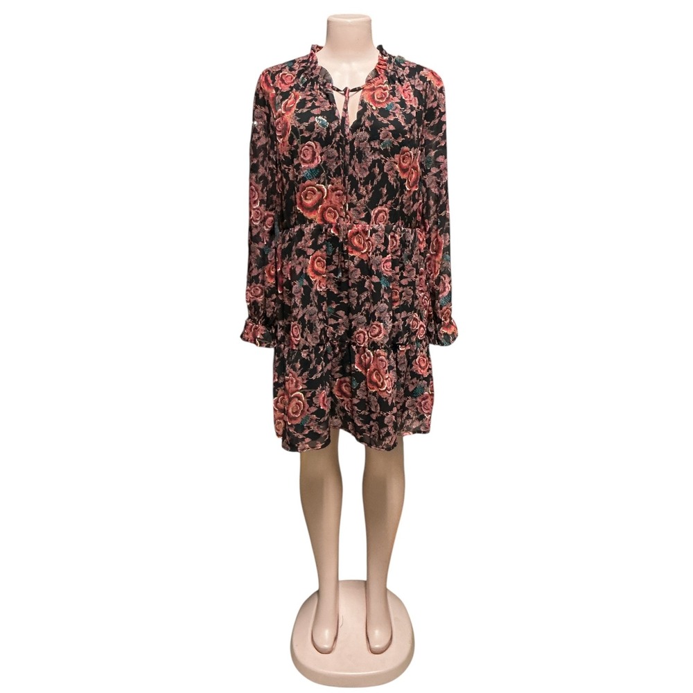 Anna Kay Floral Print Dress Long Sleeve Tiered Ruffle Mini Dress Size L